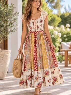 Vintage Rene Derhy Boho Patchwork Mix Media Cotton Maxi Dress Sz M